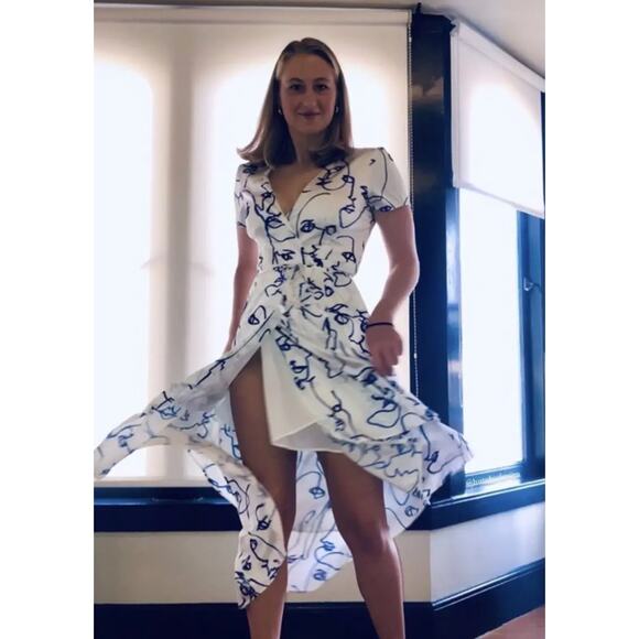 HUTCH Rosa Printed Wrap Dress Abstract Face Line Art Unique Blue White {HH51} - Picture 3 of 11